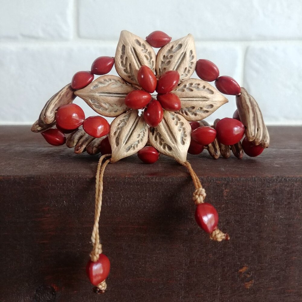 4/$20 Y2K wood and bead adjustable bracelet flower orange and brown
